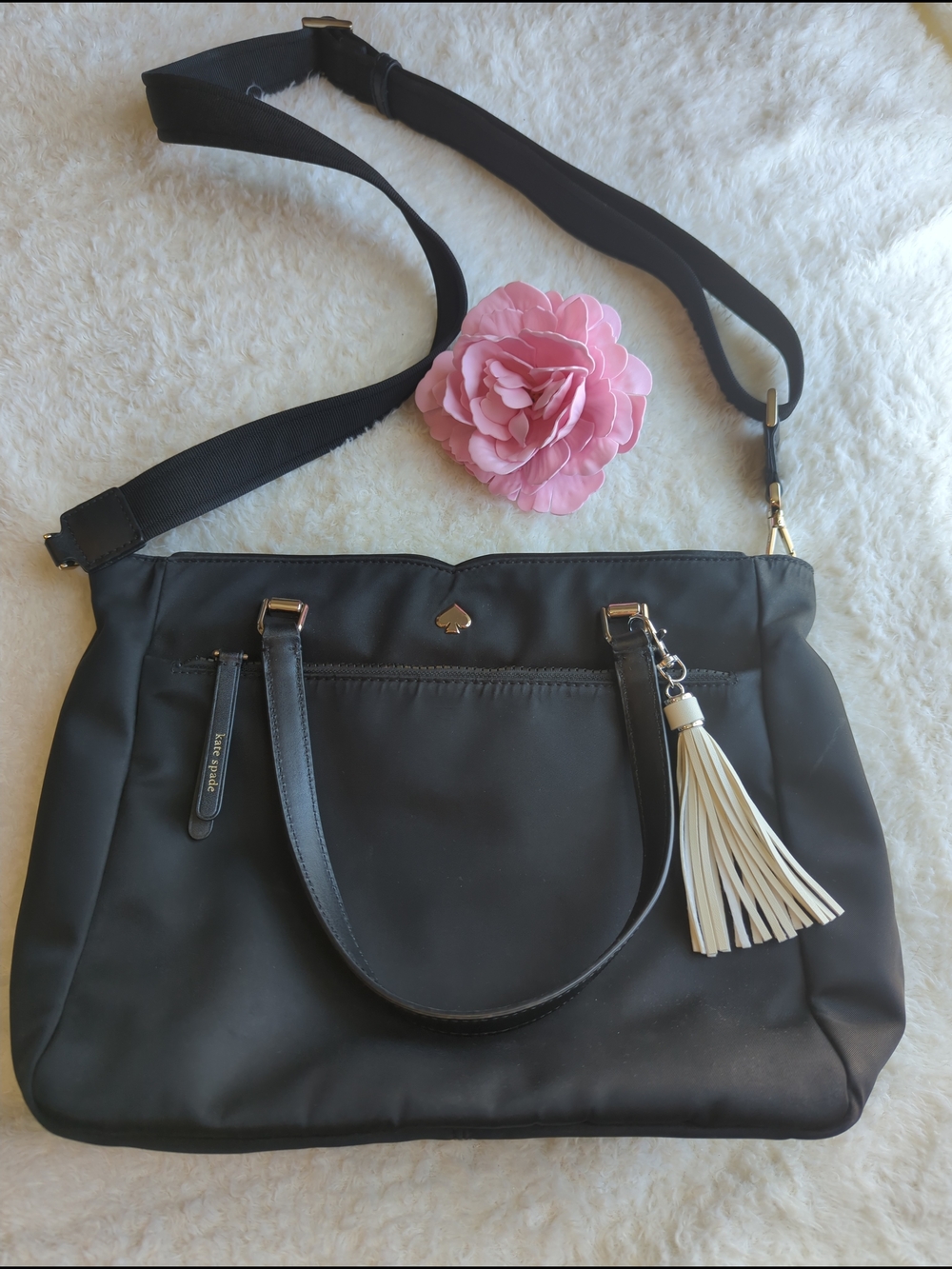 kate spade Black Nylon And Leather Shoulder / Crossbody Bag with Cream Tassel